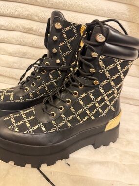 Michael Kors Black Platform Lace-Up Logo Combat Boots with Gold Accents